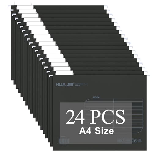 MerryNine 24枚の黒いA4サイズハンギングフォルダー、紙カード吊り下げファイル、キャビネットファイル。1/5カットの調整可能なラベルと折り込みページ付きで、オフィス、教育、家族の組織に適しています