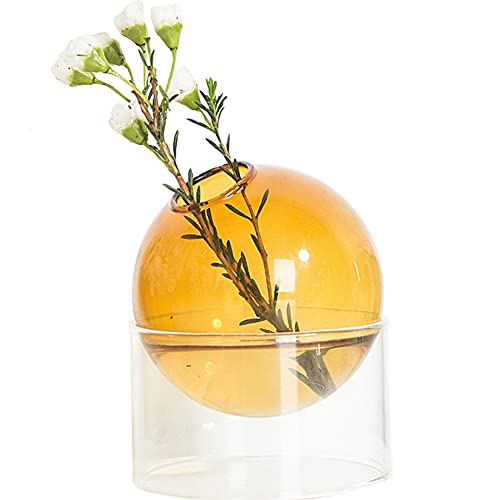 WAYUTO Clear Glass Bubble Vase Rotatable Hydroponic Plants Vases Container Round Floral Dry Flower Bud Vase Modern Minimalist Home Decor Centerpieces Ornament for Living Room Wedding Yellow