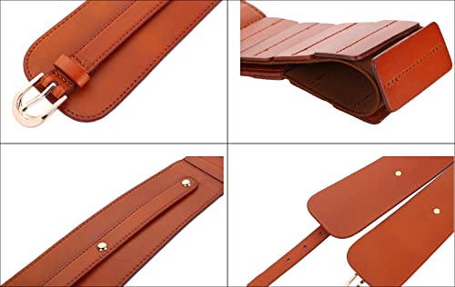 Liitata Ceinture large élastique pour femmes, ceinture en PU mode, ceinture en cuir élastique réglable avec boucle pour robe, pull, manteau - 1 pièce, marron, 89 cm – vue 5