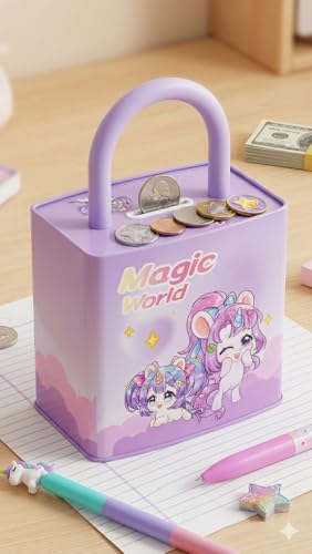 Image of Sajani Cute Cartoon Creative Portable Piggy Bank, Money Saving Box with Combination Lock, Mini Coin Bank Gifts for Boys and Girls, Best Return Gifts for Kids (Pack of 1) (Lock - Purple)