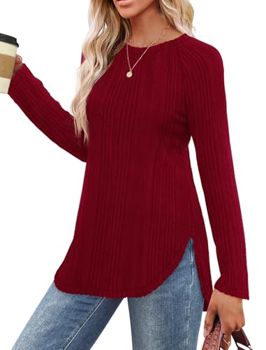 Image of Saloogoe Long Sleeve Shirts for Women 2025 Fall Clothes Tunic Tops Loose Fit Dressy Crewneck Pullover Sweaters Curved Hem