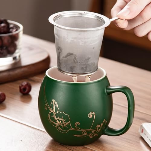 Image of Yundu 12 OZ Ceramic Mug with Lid & Tea Strainer - Matte Green Tea Cup with Golden Flower, Stainless Steel Infuser for Loose Leaf Tea