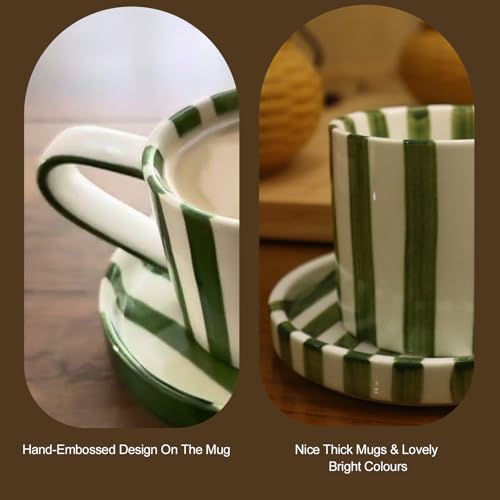 Ceramic Coffee Mug, Large Hot Chocolate Mugs 8oz Novelty Mug with Saucer, Cute Pottery Tea Cup Hand-Painted Striped Art Multiple Use for Kitchen, Office(Green) - Image 6