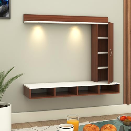 Image of Anikaa Dorex Engineered Wood Wall Mounted TV Unit with LED Lights, Storage Cabinet & Display Shelf for Living Room | Ideal for Upto 43 Inch TV- Walnut /White(DIY Installation)