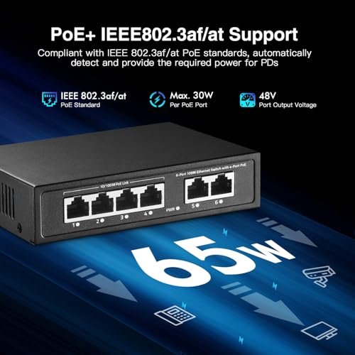 Image of 6 Port Mini PoE Switch with 4 PoE+, 2 Uplink, 10 /100Mbps Ethernet, 65W 802.3af /at PoE, Fanless Metal Plug & Play PoE+ YuLinca Network Switch