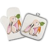 Kitchen Oven Mitts and Pot Holders Sets,Spring Cute Bunny Rabbit Print Oven Gloves and Potholders,Heat-Resistant Oven Gloves and Hot Pads for Cooking,Baking Grilling Spring/Summer,Gifts for Women