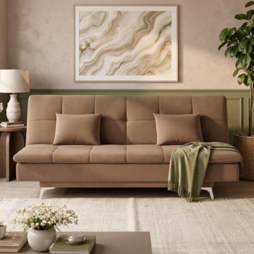 Image of Velum 3 Seater Sofa for Living Room & Office | Premium Fabric Upholstery | Solid Wood Frame | Comfortable Seating | 3 Years Warranty (Light Brown, Sofa Cum Bed)