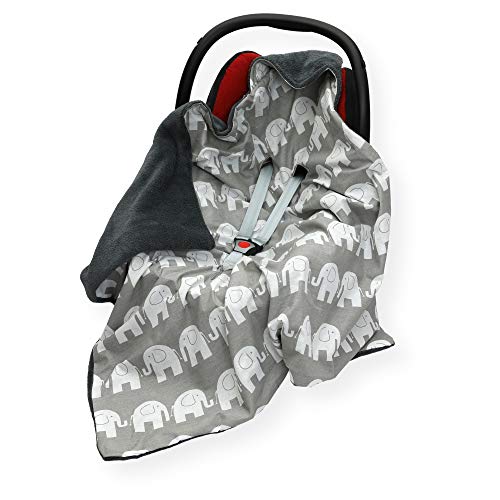 Double - Sided CAR SEAT Blanket/Cover/COSYTOES - FOOTMUFF 100 x 100cm Hooded Blanket with SEAT Belt Holes (Grey Elephant/drk Grey)