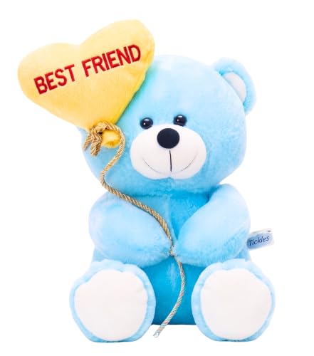 Image of Tickles Cute Teddy Holding Best Friend Heart Balloon Soft Stuffed Plush Toy for Kids Boys & Girls Friendship Birthday Gift (Color: Blue Size: 18 cm)