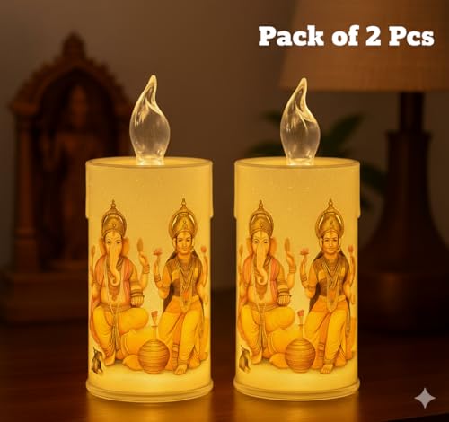 Image of Ganesha LaxmiJi Set of 2 LED Tea Light Candles | Decorative Acrylic Candle | Home Decor, Navratri Decor Items, Diwali Decoration Item, Room, Table, Pooja Room Decor (Yellow) | Popo Toys