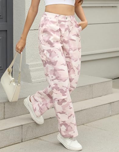 Kedera Women Camo Print Flap Pocket Wide Leg Pants Mid Waist Trousers Casual Boyfriend Cargo Parachute Baggy Pants4
