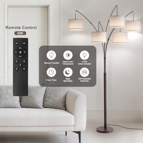 Image of Dimmable Floor Lamp - Arc Floor Lamps for Living Room, 4000LM Super Bright Modern Tall Standing Lamp with Black Shades & Heavy Base, Mid Century Tree Floor Lamp for Bedroom Office