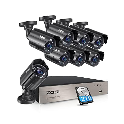 ZOSI 5MP Lite Home Security Camera System with 2TB Hard Drive,H.265+ 8CH CTV DVR,8pcs 1920TVL 1080p Outdoor Indoor Surveillance Cameras,80ft Night Vision,Motion Alert,Remote Access for 24/7