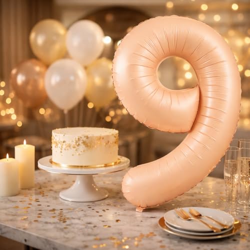 Image of Wanna Party 40 Inches Apricot Super Shape Number 9 Balloon, Number Balloons for Themes & Events, Birthday Supplies & Decoration -Caramel Light Brown Foil Number Balloons
