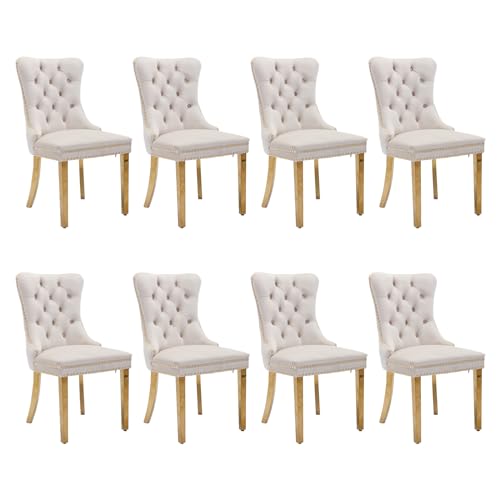 SoarFlash Juego de 8 Sillas de Comedor en Terciopelo, Espaldar ala, Remaches de Clavos, Forro Remachado, Aro Trasero y Patas en Metal Dorado, Beige