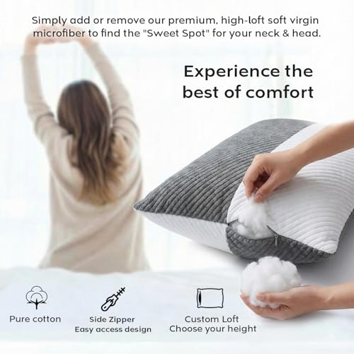 Image of AYKA Adjustable Microfiber Sleeping Pillow | Height Adjustable Zip Pillow with Extra Fiber Fill | Soft & Fluffy Comfort | Hypoallergenic, Breathable & Washable |17x27 Inch | White & Grey | Set of 2