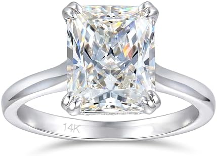 14K White Gold Engagement Ring, 4 Carat Radiant Cut Engagement Rings, Solid 14k White Gold Moissanite Ring for Women