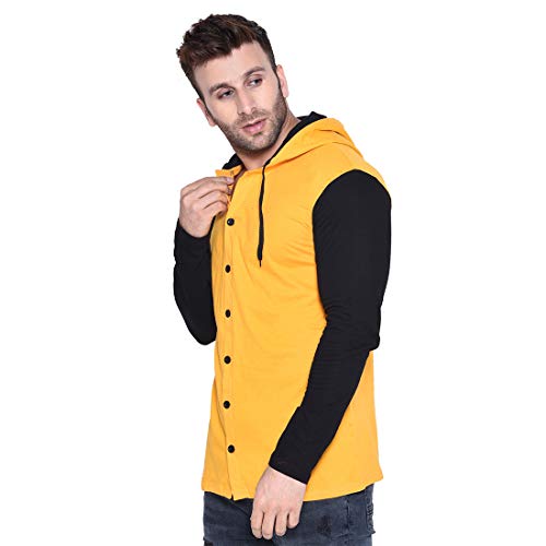 Image of Geum Men's Full Sleeve Hooded T-Shirt with Button-Down Front | Casual Slim Fit Cotton Shirt-Style Tee