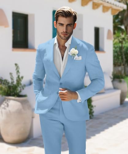 Linen Suits for Men 2 Piece Men's Linen Suit Set Jacket Pants for Summer Beach Wedding Prom Casual Bussiness,Sky Blue,XL2
