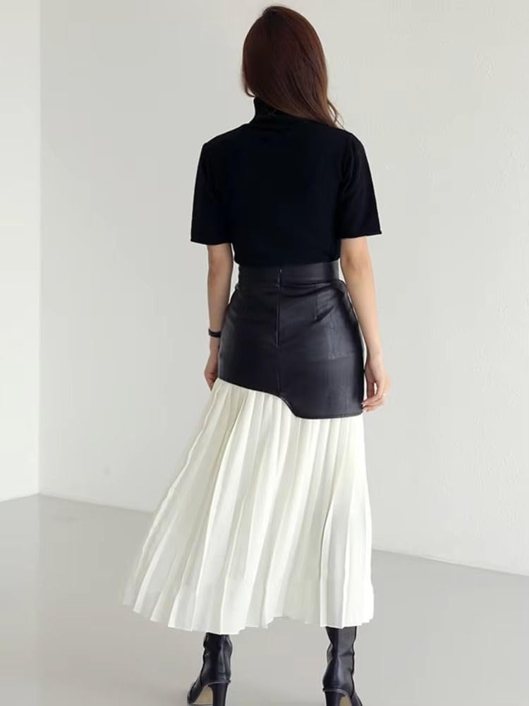 Falda de cuero PU para mujer, cintura alta con pliegues midi, primavera
