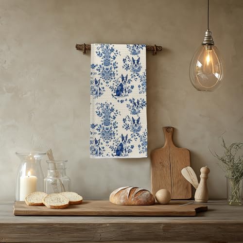 Image of Chinoiserie Boston Terrier Dog Kitchen Towels, Boston Terrier Gifts for Women Men Dish Tea Towels for Kitchen, Grandmillennial Toile de Jouy Dog Hand Towels for Bathroom, 16x24 Inch