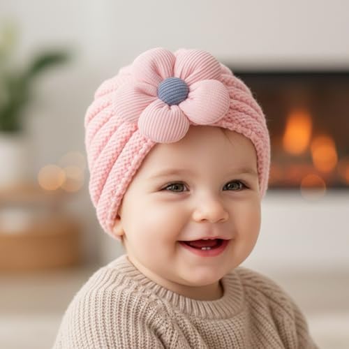 Image of SYGA Baby Cap Flower Wool Warm Knitted Streachable Hat Infant Toddler Baby Cap 0-3 Years