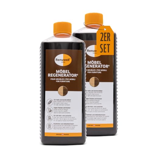 Preisvergleich Produktbild Renuwell Möbel-Regenerator, 2x 1 Liter Spar-Set Intensive Pflege und Regeneration für Holzmöbel und Oberflächen, entfernt Wasserflecken, Kratzer & Hitze-Ringe, Schweizer Qualitätsprodukt