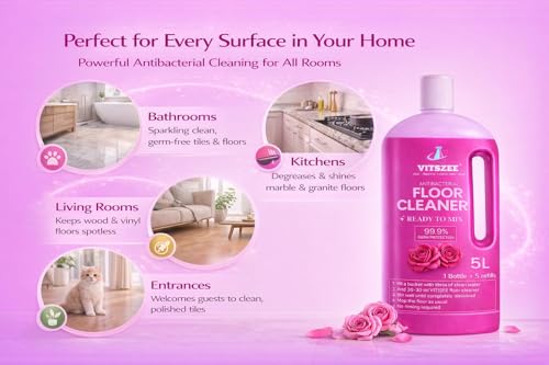Image of VITSZEE Floor Cleaner 5L | Ready to Mix | Disinfectant Surface liquid | Kills 99.9% Germs | Long Lasting Fragrance | Suitable for Tiles, Marble, Kitchen & Bathroom (5 Litres, Rose Fragrance)