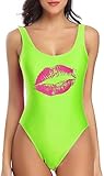 MIAIULIA Women's Retro 80s/90s Inspired High Cut Low Back Padding One Piece Swimwear Bathing Suits Lips Green S