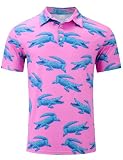 uideazone Men's Hawaiian Polo Shirt Tropical Pink Crocodile Summer Beach Casual Golf Short Sleeve Moisture Wicking Golf Polo Holiday Birthday Present for Dad Husband Size M