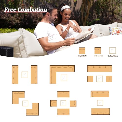 Image of 7 Piece Outdoor Sectional Outdoor Patio Furniture Set, Outdoor Patio Furniture Set with Coffee Table, Sectional Couch Sofa with Cushions, Wicker Outdoor Conversation Set for Backyard & Garden, Beige