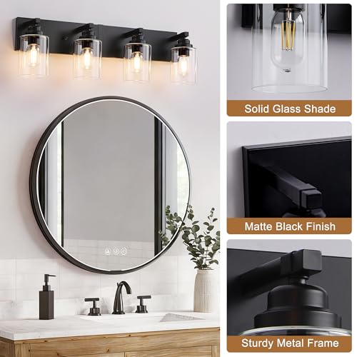 Image of Black Bathroom Light Fixture, 4 Light Matte Black Vanity Light, 27.5 inch Modern Bathroom Lighting Fixtures Over Mirror, with Clear Glass Shade, Vanity Lights for Bathroom Bedroom Hallway
