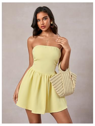 MakeMeChic Women's Summer Elegant Strapless Mini Dress with Bow Ruched Ruffle A Line Bandeau Party Mini Dress4