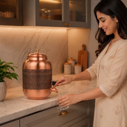 Image of Artarium Pure Copper Water Dispenser 8 Litre with Tap, Handcrafted Etched Hammered Matka Copper Water Storage Container, Ayurvedic Water Dispenser for Home, Kitchen, Office & Dining