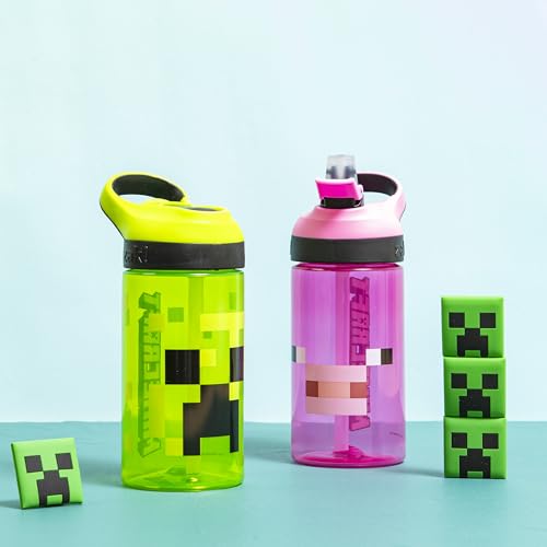 Image of Zak Designs Minecraft Kids Water Bottle with Straw and Built in Carrying Loop Set, Made of Plastic, Leak-Proof Water Bottle Designs (Creeper /Pig, 16 oz, 2pc Set)