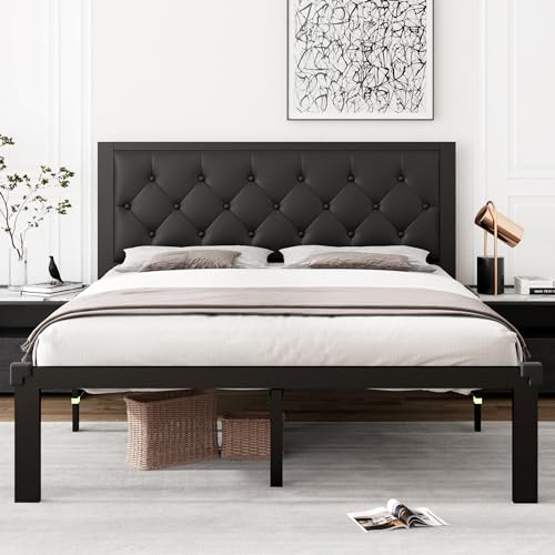 iPormis Queen Metal Bed Frame, Faux Leather Platform Bed Frame with Button Tufted Headboard, 12″ Underbed Space, Steel Slats Support, Easy Assembly, No Box Spring Needed, Black