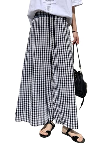Women's High Waist Plaid Print Cropped Pant Gingham Wide Leg Palazzo Culotte Pants with Drawstring