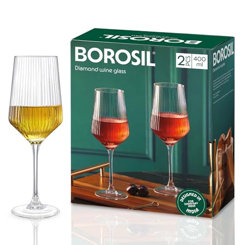 Image of Borosil 400ml x 2pc Diamond Wine Glass Set | Wine Glasses for Red & White Wine, Cocktails & Mocktails | Elegant Glassware for Home, Parties & Gifting