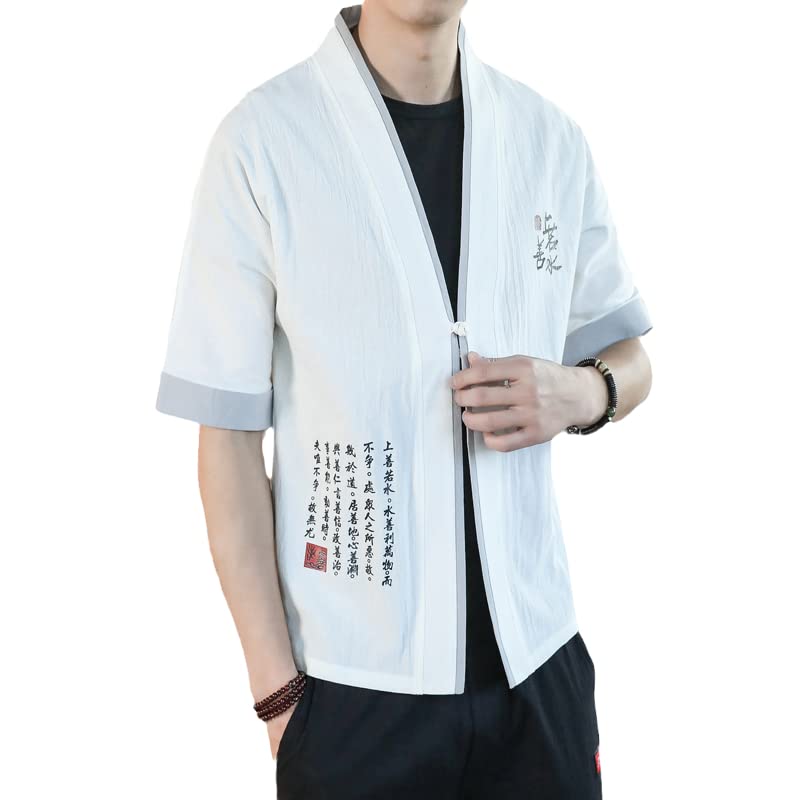 Cuiynice Camisa Japonesa para Hombre, Kimono Chino, un botón de Rana, Manga Corta, Ropa Informal Japonesa, Kimono (Blanco M)