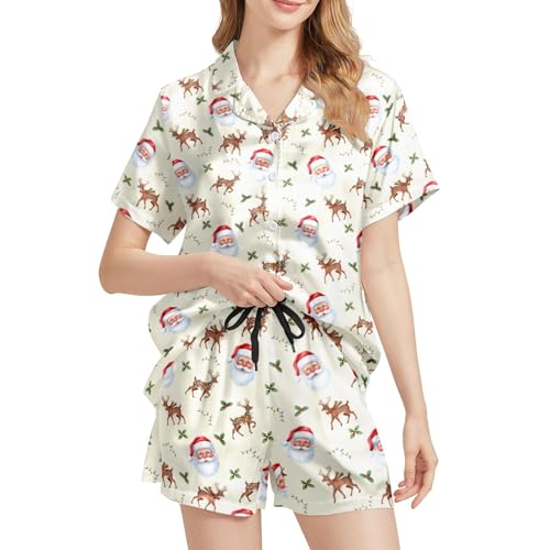 Image of Funny Satin Pajamas Set for Women Button Down Sleepwear Print Pjs Set 2 Piece Short Sleeve Loungewear Gift for Women