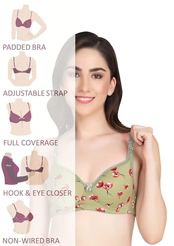 Image of Women Padded Printed Bra - Made of Pure Cotton Full Coverage Non Wired Seamless Pushup Soft Cup for T-Shirt Saree Dress Sports Garment for Daily Use Everyday