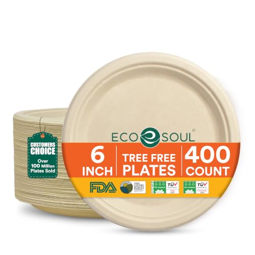 ECO SOUL 6 Inch Disposable Bagasse Paper Plates (400 Pack, Round)