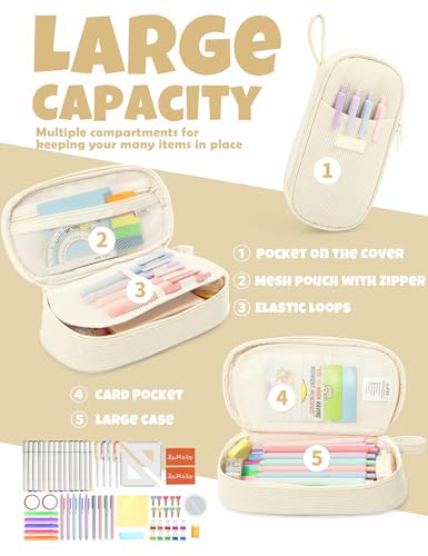 Image of SUNEE Cute Pencil Case, Large Pencil Pouch, Aesthetic Big Pencil Bag with Zipper, Kawaii Stationery Storage and Organizer, School Supplies for Teen and Adult, Boys&Girls, Soft Corduroy Warm Beige