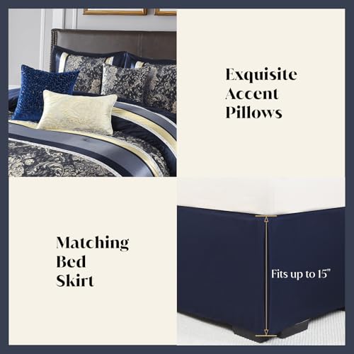 Image of CozyDH 7-Piece Navy Blue Comforter Set Queen - Luxury Jacquard Damask Vintage Floral Gold Striped Bed in a Bag, All Season Down Alternative Bedding with Bed Skirt, Shams, Decorative Pillows, 90x90 in