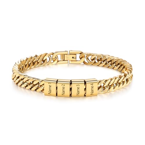 Personalised Cuban Link Bracelet for Men – Stainless Steel Custom Chain Bracelet with Engraved Names – Mens Bracelet Gift for Husband Dad Son Grandpa – Birthday Anniversary Father’s Day Christmas (Gold-4 Names)