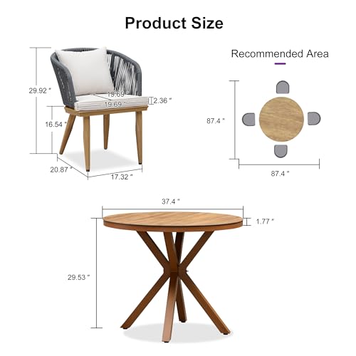 Image of PURPLE LEAF 5 Pieces Patio Dining Set Wicker Outdoor Furniture Round Table and Chairs Set for Garden Deck Teak-Finish Aluminum Frame Backyard Kitchen Set, Cushions and Pillows Included