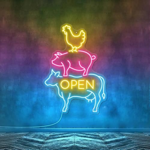 Open Butcher Sign Chicken Pig Cow Neon Light Farm Animal Neon Sign Barn Wall Sign for Butcher Shop, Meat Market, Steakhouse, BBQ, Food Truck, Modern Wall Art for Meat Lovers and Restaurant Owners