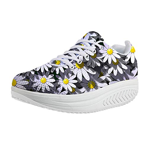 FOR U DESIGNS White Women Swing Shoes Daisy Pattern Rocking Mesh Wedges Lace-Up