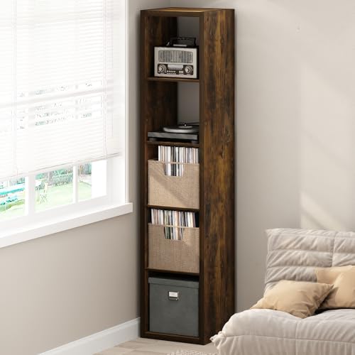 Image of Furinno Cubicle Record Player Stand, 5-Cube Record Storage, Amber Pine | Vinyl Storage, 1.2 inchInch Extra Thick, Open Back Media Shelf for CD DVD Bluray Game Disc, for Living Room, Home Office