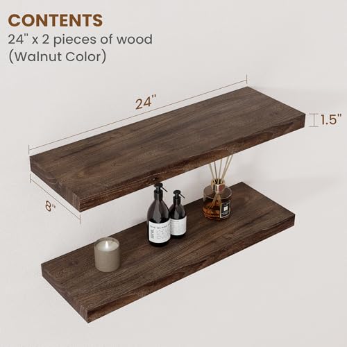 Image of Floating Shelves for Wall Decor, 8 Inch Deep Rustic Solid Elm Wood Floating Shelves Wall Mounted, Wall Shelves with Invisible Bracket for Living Room Bathroom Bedroom Kitchen, 24 Inch Set of 2, Walnut